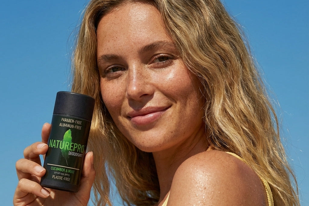 Woman holding a NaturePro product against a clear blue sky