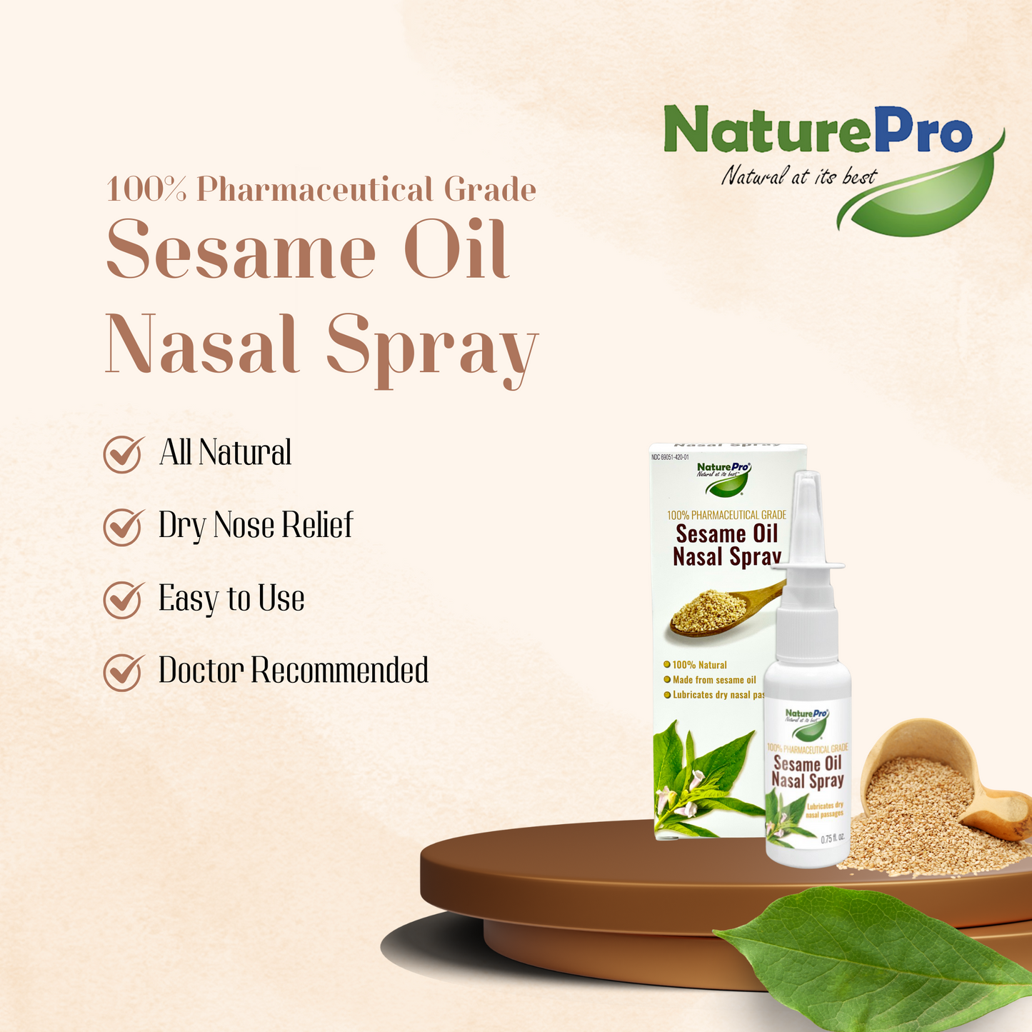All-Natural Nasal Moisturizer Spray with 100% Pharmaceutical Grade Sesame Oil 0.75fl. to Soothe & Moisturize Dry Nose, Nasal Lubricant & Decongestant for Dry Nose Relief