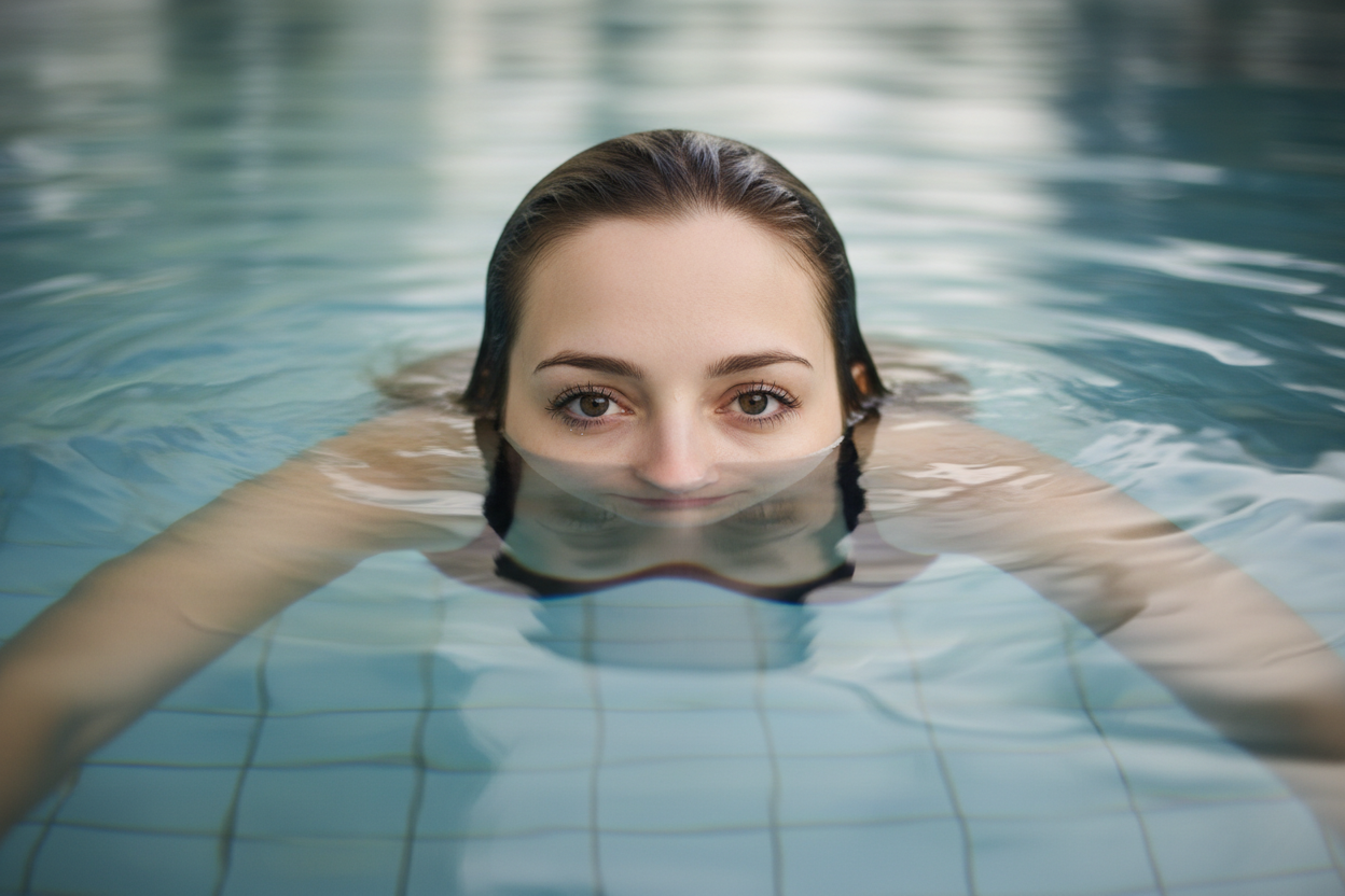 woman peeking out of pool with nose just touching top of water, rest of her is underwater